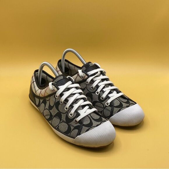 Coach Tan and Black Sneakers with Geometric Pattern and White Toe Cap - Picture 4 of 4